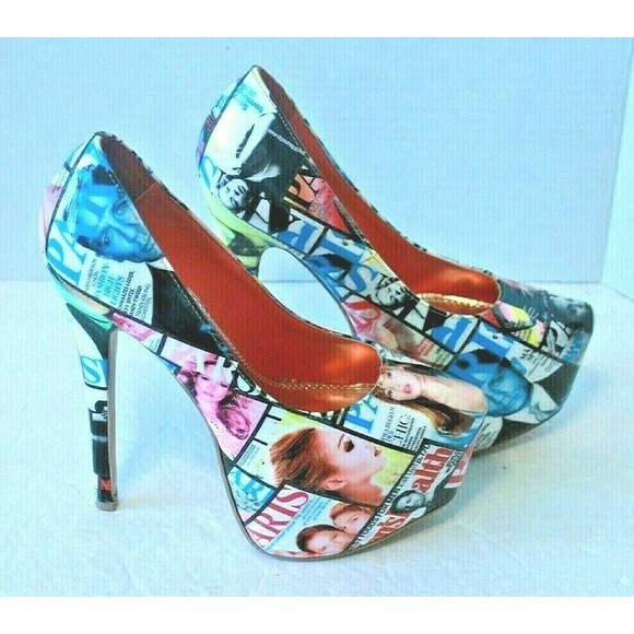 Shi by Journeys Stilettos Fashion Magazine Print Patent Leather Heels Womens 8 - Picture 1 of 6